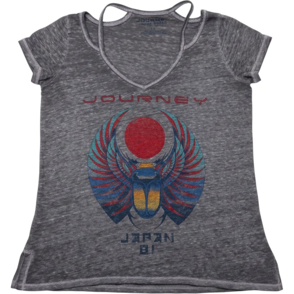 Lucky Brand Journey Japan 81 Graphic Tee Women XS Oversized Grey Strappy V-Neck